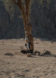 Person working on a laptop under a lone tree in a desert landscape.